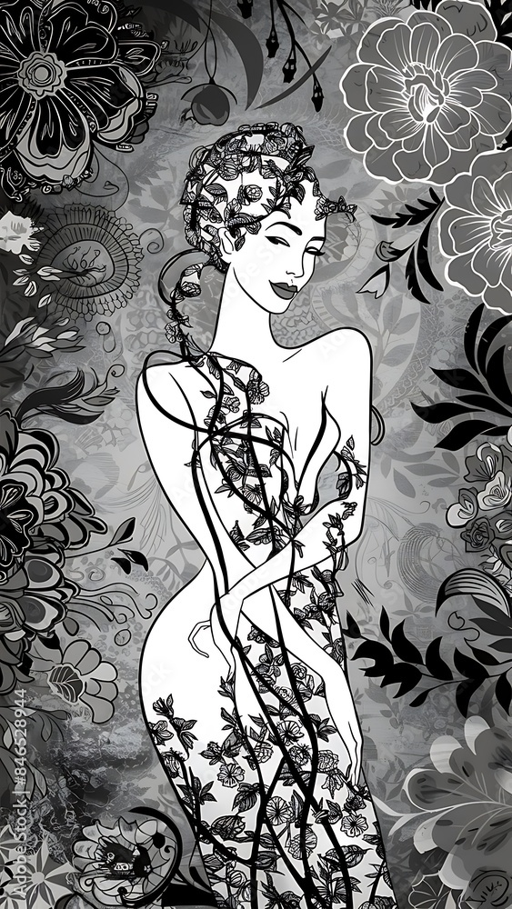 Fototapeta premium Black and White Beautiful Line Art Floral Woman