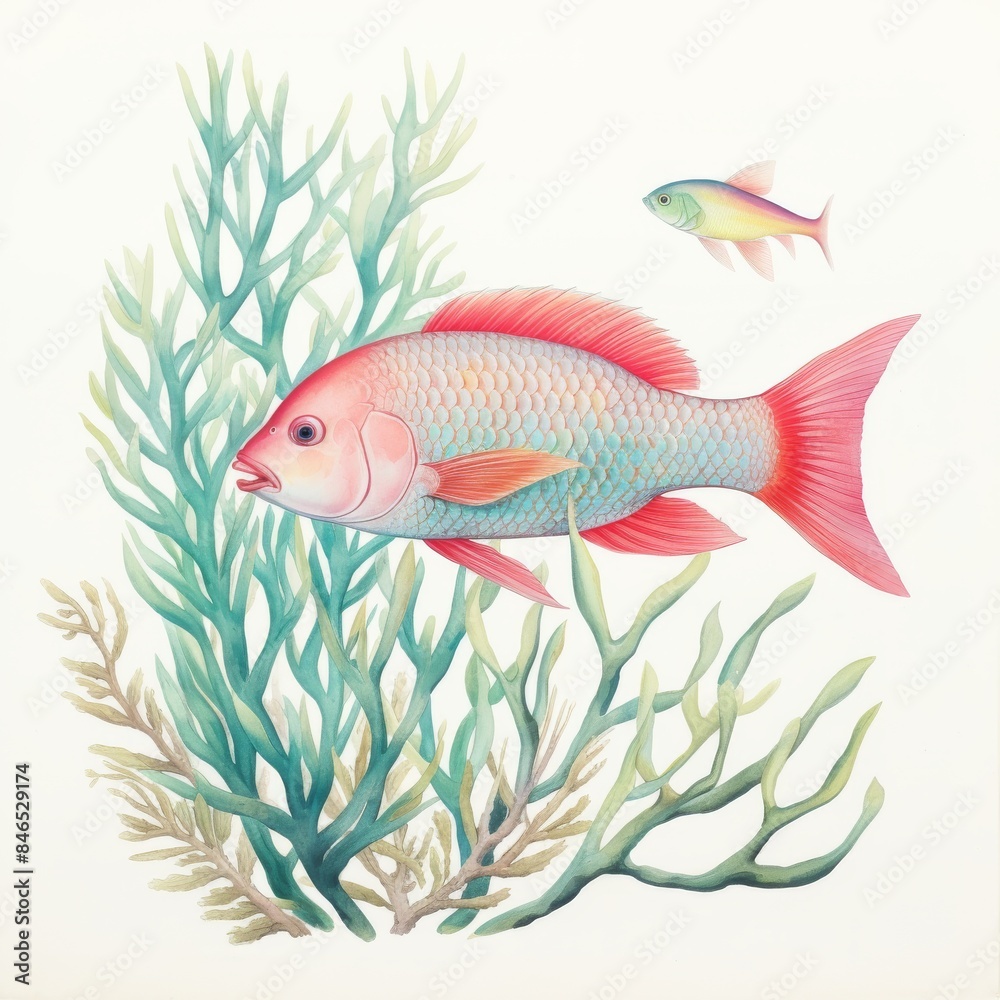 Fototapeta premium Colorful watercolor fish amongst coral reef illustration clipart