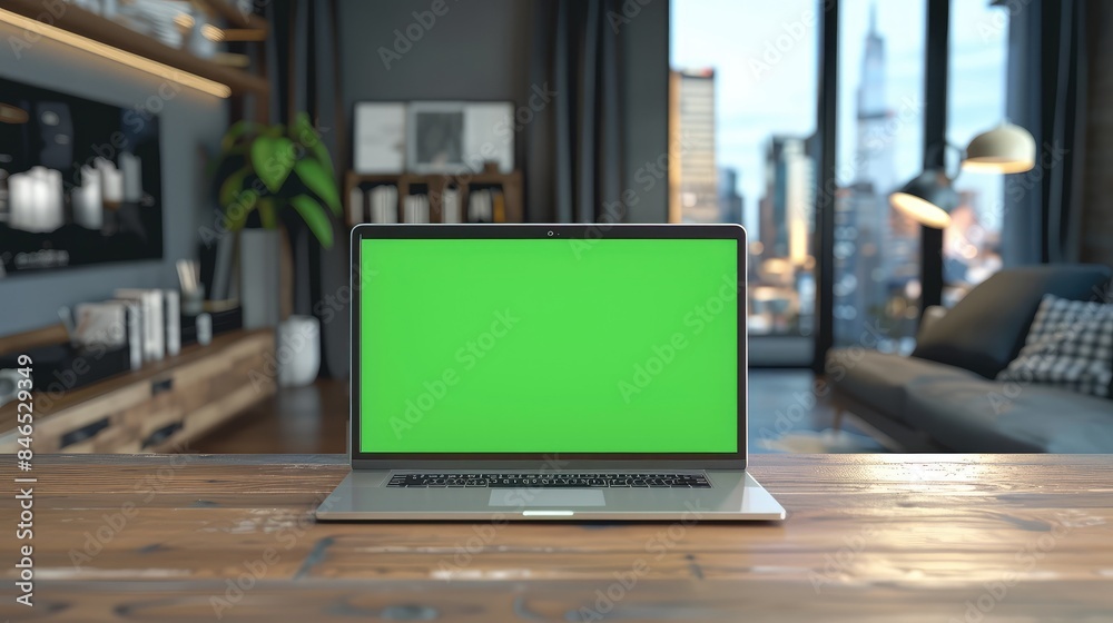 Laptop with a green screen on a wooden desk in a home office