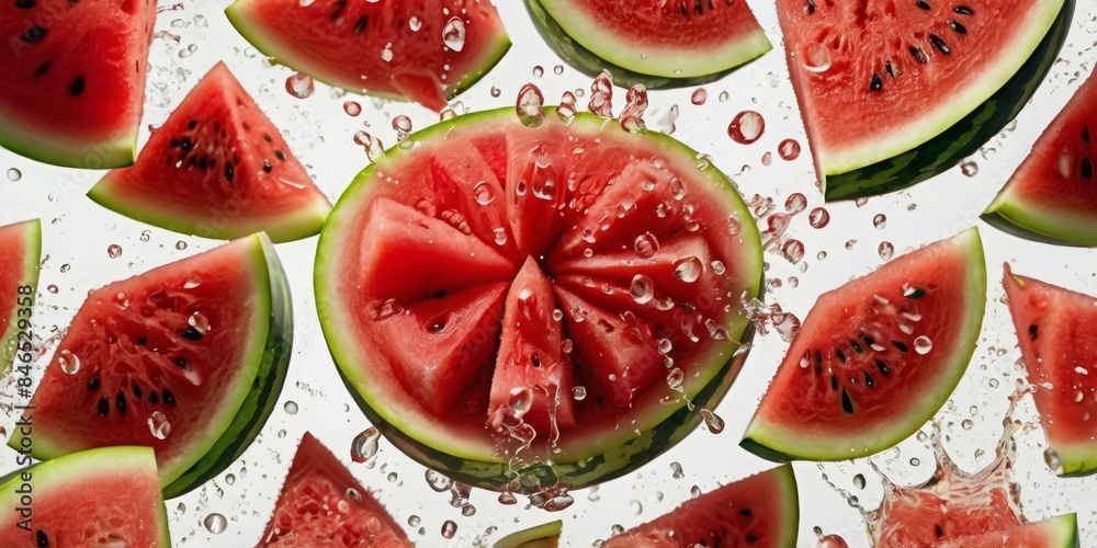 Juicy watermelon fruit splash explodes on white background Juicy watermelon fruit splash explodes on white background