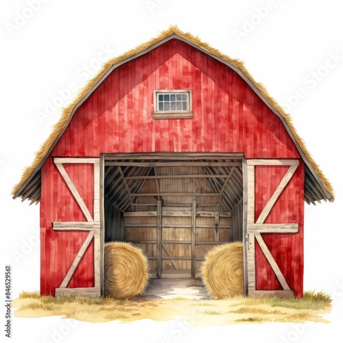 A watercolor painting of a spacious red barn with doors open, revealing stacked hay bales, ready for the harvest season.