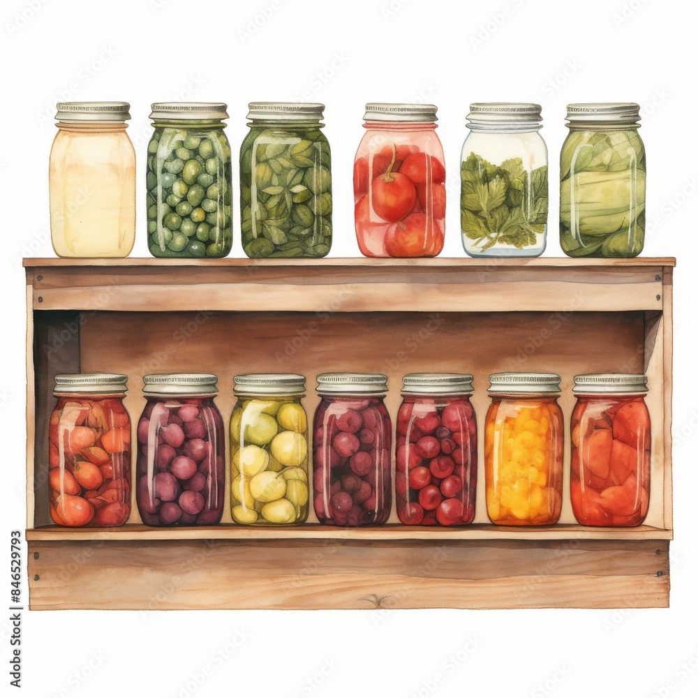 A cozy watercolor depiction of homemade preserves, featuring vibrant mason jars filled with pickled vegetables, neatly organized on a rustic wooden shelf. A cozy watercolor depiction of homemade preserves, featuring vibrant mason jars filled with pickled vegetables, neatly organized on a rustic wooden shelf.
