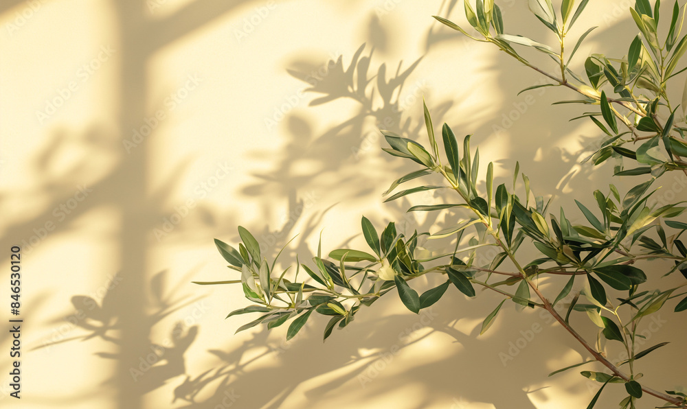Olive tree against a textured wall background. Beautiful young olive tree. Decor element. Olives stylish background on the wall with summer shadow. Olive tree against a textured wall background. Beautiful young olive tree. Decor element. Olives stylish background on the wall with summer shadow.