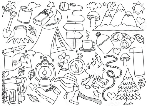 Cute hiking camping doodle set in drawing style.