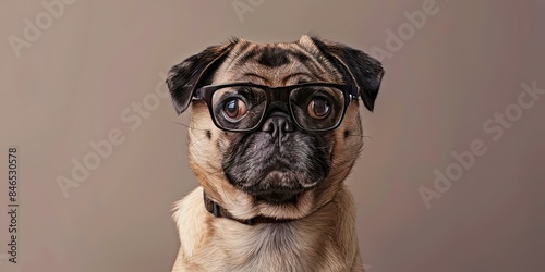 Portrait of a serious pug dog in transparent glasses on a gray background , wallpaper , template.
