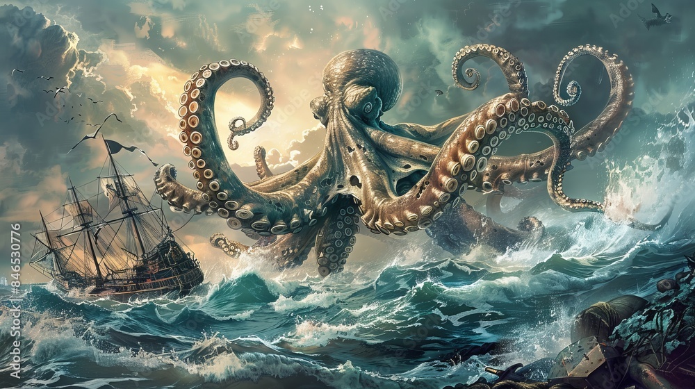 A cartoon illustration of a battle between a giant octopus and a pirate ...