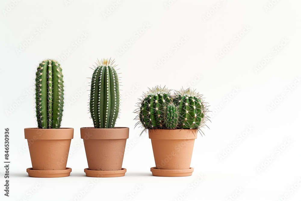 Three different cacti of varying heights and shapes arranged in terracotta pots Three different cacti of varying heights and shapes arranged in terracotta pots