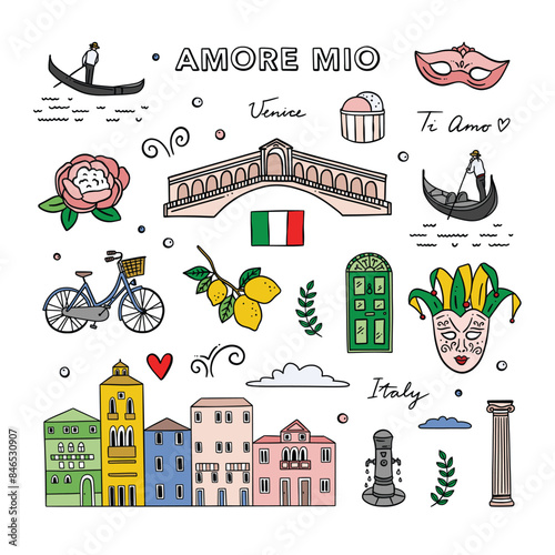 Venice vector clipart. Hand drawn Italy illustrations. Italy clipart on white background