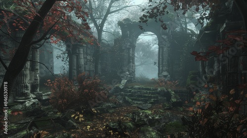 Envision a mystic forest shrouded in mist