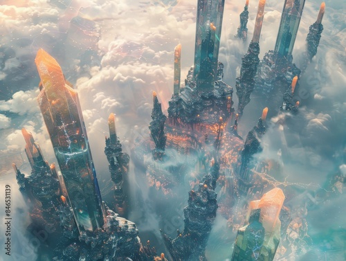 Explore a fantastical realm with towering crystal spires and swirling ethereal mists, blending dream-like imagery with surreal psychology through a unique overhead perspective photo