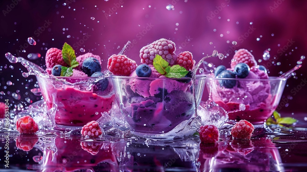 Berry Sorbet in Glass Bowls with Splash Effect