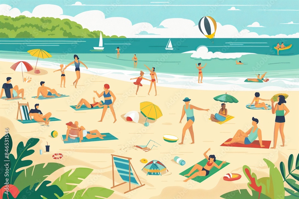 A sunny illustration of a beach with people enjoying the summer day.