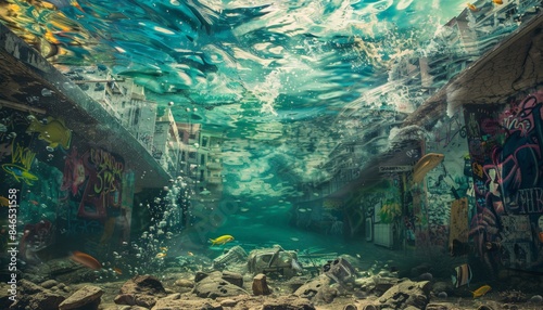 Explore the depths of creativity with a unique blend of underwater landscapes and street art Craft a digital artwork that defies gravity photo