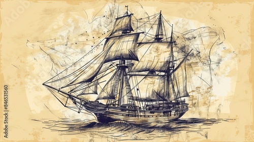 Photography A sketch of a sailing ship with a vintage, old-fashioned design