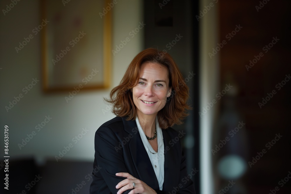 A woman with brown hair is smiling as she stands in a room with a neutral background. A woman with brown hair is smiling as she stands in a room with a neutral background.