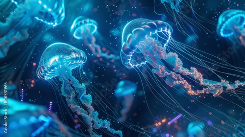 Illuminate a mesmerizing scene of bioluminescent jellyfish floating in a digital sea, their glowing tendrils intertwining with neon circuits in a harmonious dance photo
