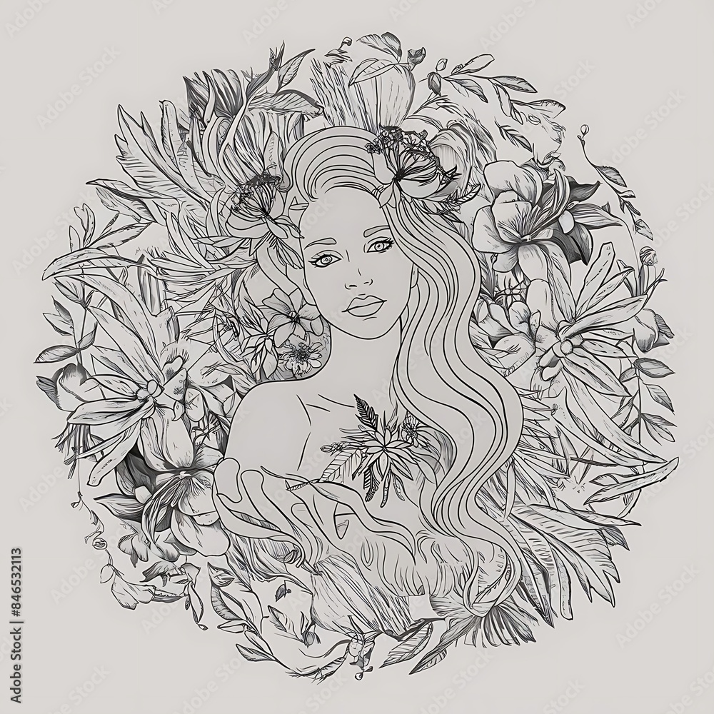 Black and White Beautiful Line Art Floral Woman Black and White Beautiful Line Art Floral Woman
