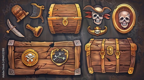 A wooden pirate game UI icon set, featuring a corsair timber menu panel, victory and defeat badges, mobile app GUI buttons, a gold chest, a store frame, and a flag skull photo