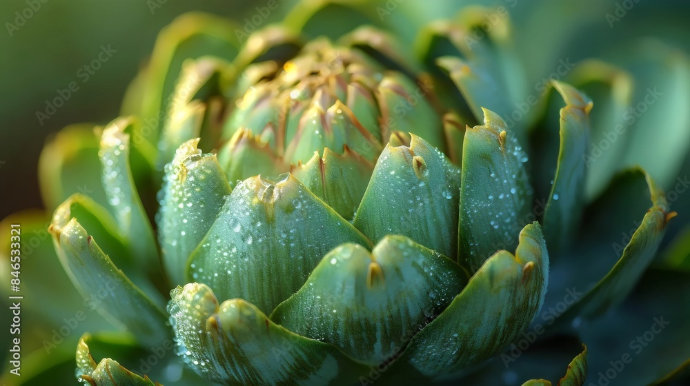 A close up of a green plant with dew on it A close up of a green plant with dew on it