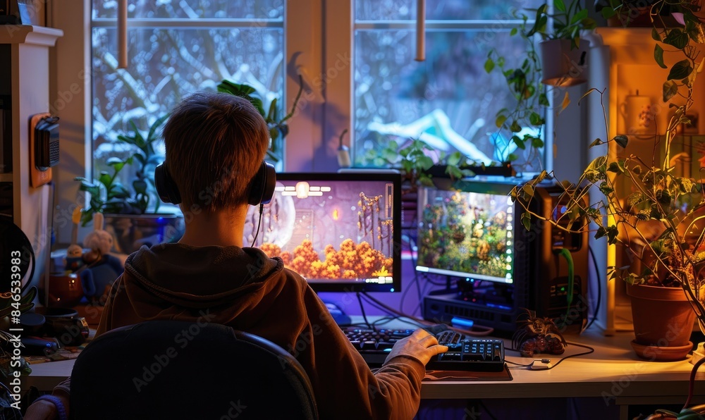 a young boy playing a game on the computer a young boy playing a game on the computer