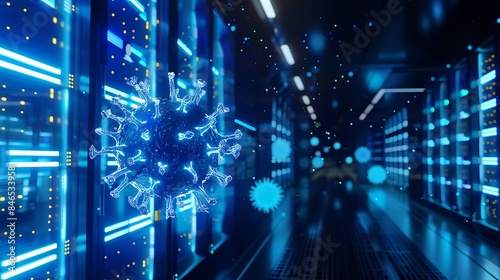 3D blue holographic virus with server data room. Cyber security malware background concept.