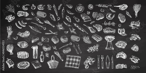 Set of hand-drawn sketches of barbecue and picnic elements, meat. For the design of the menu of restaurants, grilled food. Doodle vintage illustration. Engraved image on chalkboard background.