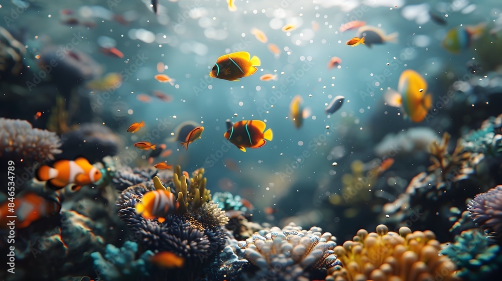 Fototapeta premium Vibrant Underwater Coral Reef Teeming with Tropical Fish in a Serene Digital 3D Rendering