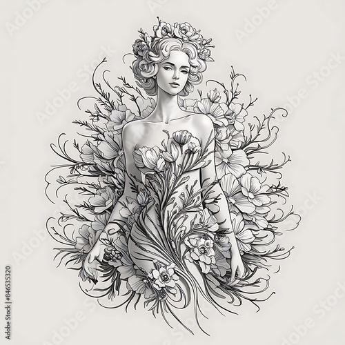 Black and White Beautiful Line Art Floral Woman