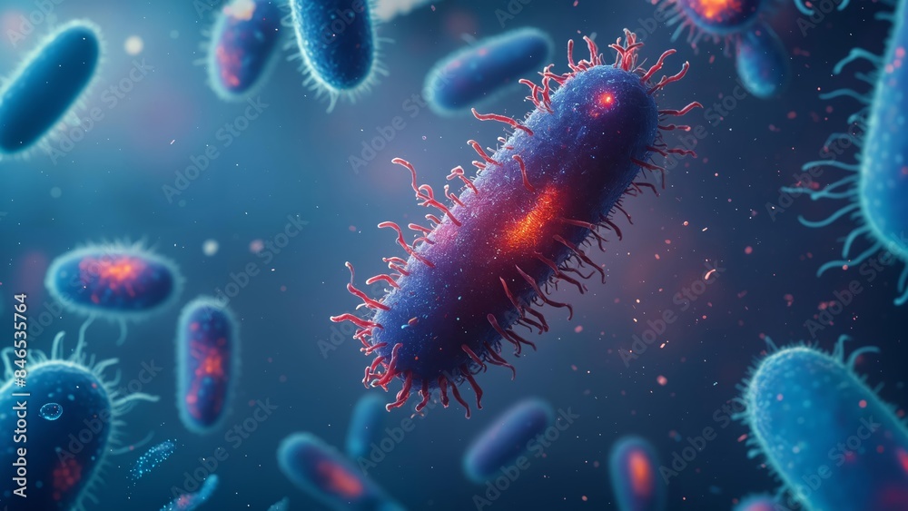 Naklejka premium Bacteria under microscopic magnification, representing microbiology, disease infection. Medical scientific exploration of cell organisms, emphasizing health care, illness, biological research.