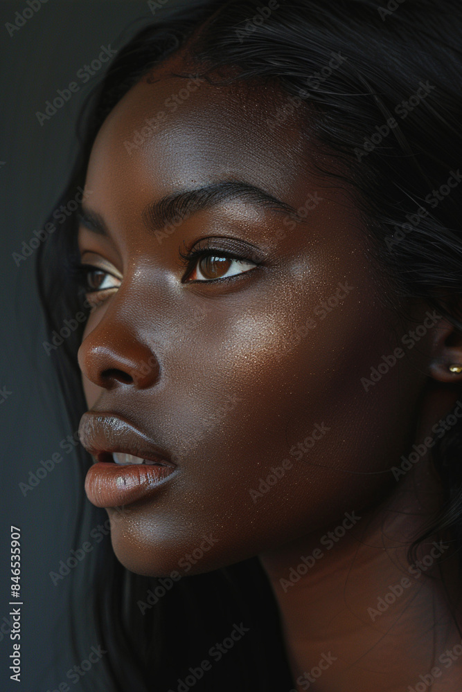 African American woman, 22 years old, black skin, long sleek black hair, full hair, high cheekbones, almond-shaped black eyes, symmetrical face, full lips, straight nose, smooth skin, studio African American woman, 22 years old, black skin, long sleek black hair, full hair, high cheekbones, almond-shaped black eyes, symmetrical face, full lips, straight nose, smooth skin, studio