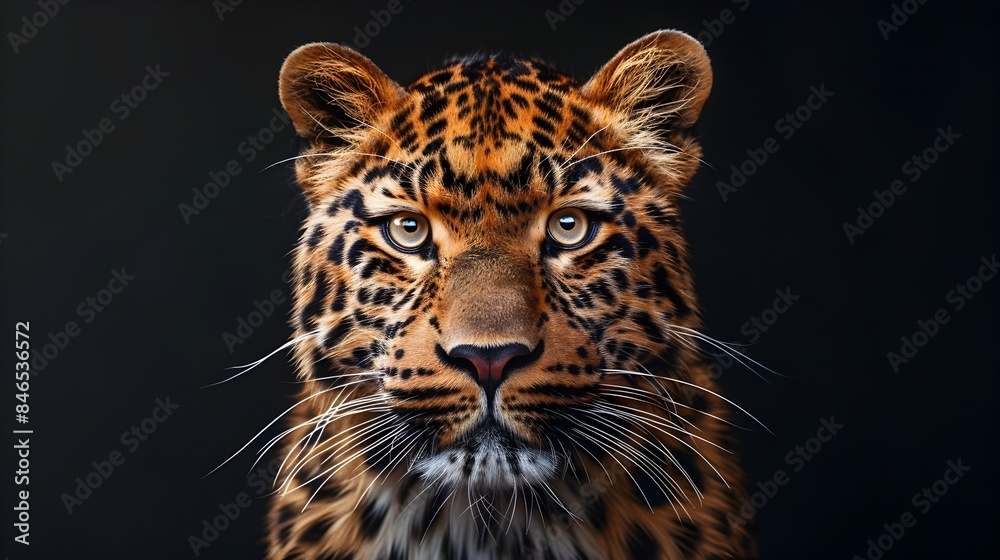 Portrait of a Majestic Amur Leopard with Intense Gaze and Intricate Fur Patterns Portrait of a Majestic Amur Leopard with Intense Gaze and Intricate Fur Patterns
