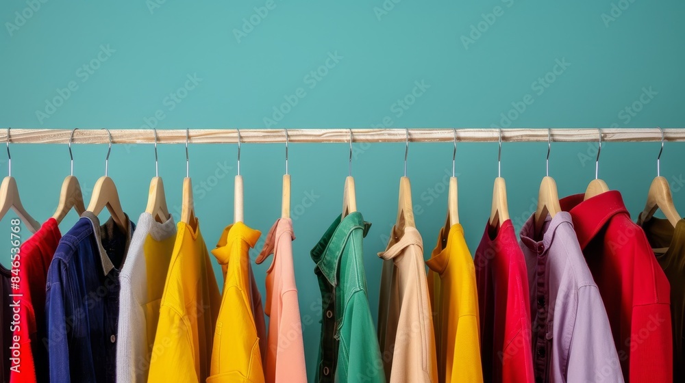 A row of colorful shirts on wooden 