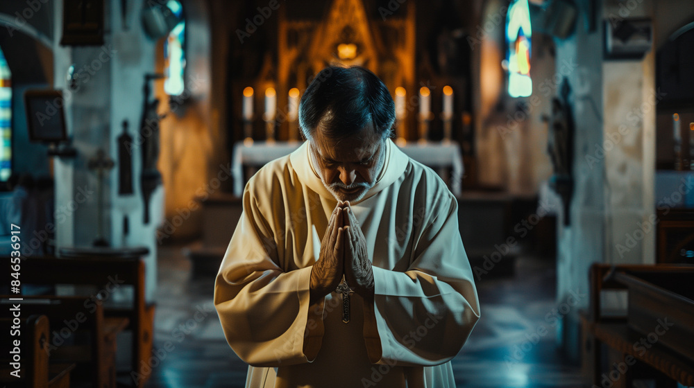Alone, in the shadow of the altar, a Catholic priest with a deep expression of emotion and hope on his face prays fervently for forgiveness and peace. Alone, in the shadow of the altar, a Catholic priest with a deep expression of emotion and hope on his face prays fervently for forgiveness and peace.