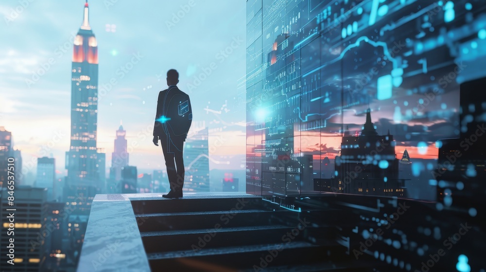 Obraz premium Businessman on concrete stairs, New York skyscrapers and forex trading hologram