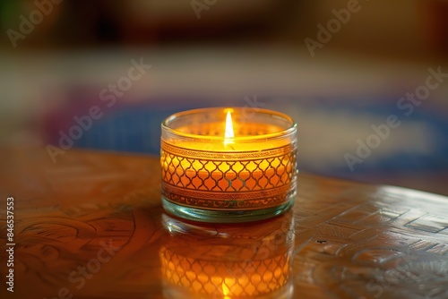 Lit candle with Islamic patterns, warm glow on a textured surfac photo