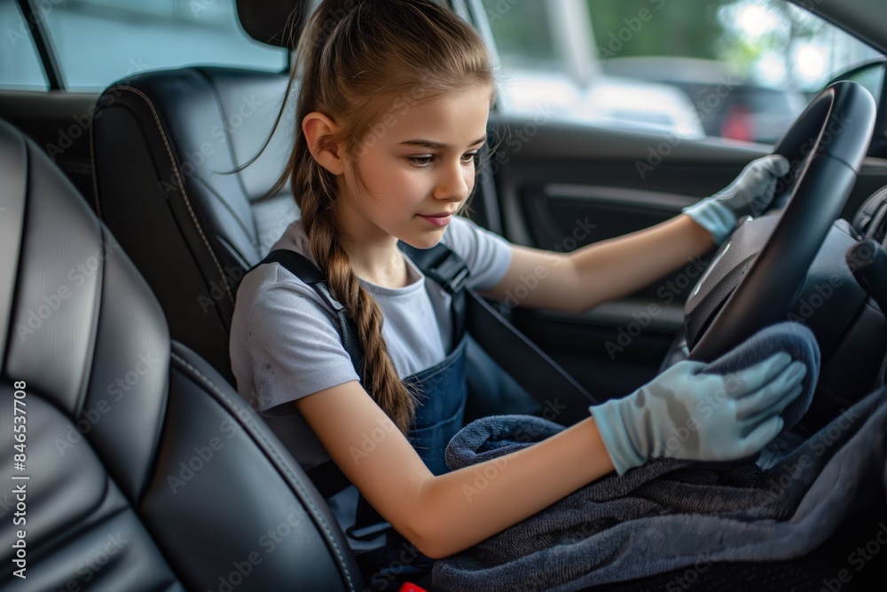 Focused young girl wearing gloves cleans the upholstery of her car with a cloth, taking care of the interior Focused young girl wearing gloves cleans the upholstery of her car with a cloth, taking care of the interior