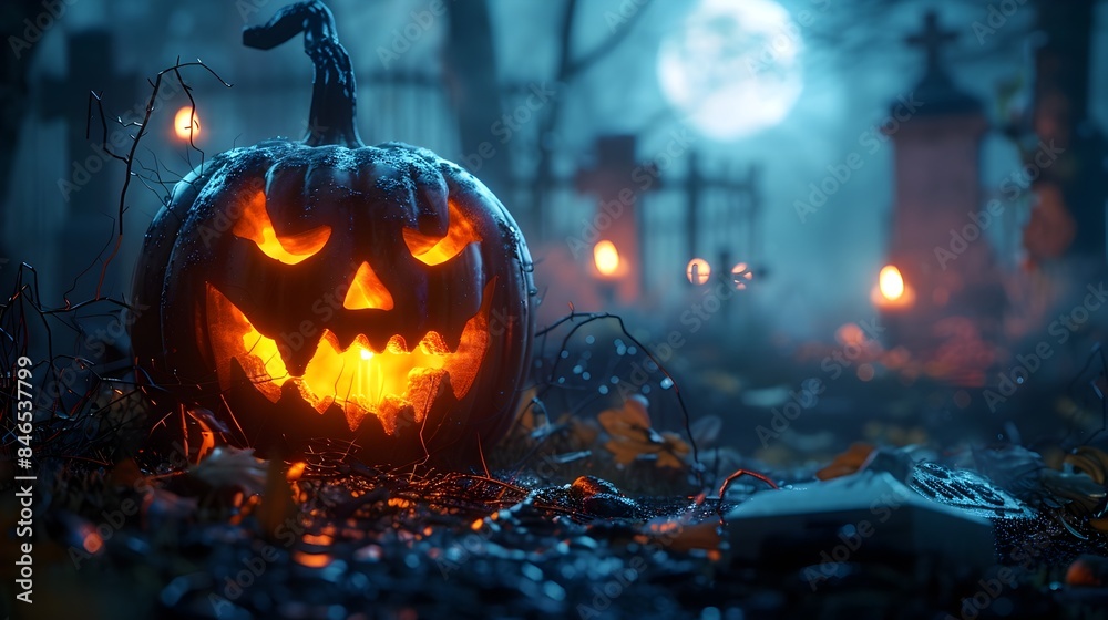 Fototapeta premium Sinister Jack o Lantern Mask in Foggy Graveyard under Haunting Full Moon