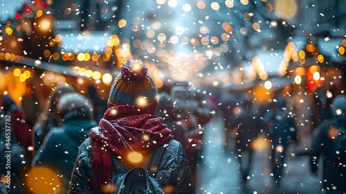 Bustling Christmas Market Scene with Colorful Scarves Sparkling Ornaments and Joyful Under Twinkling Lights