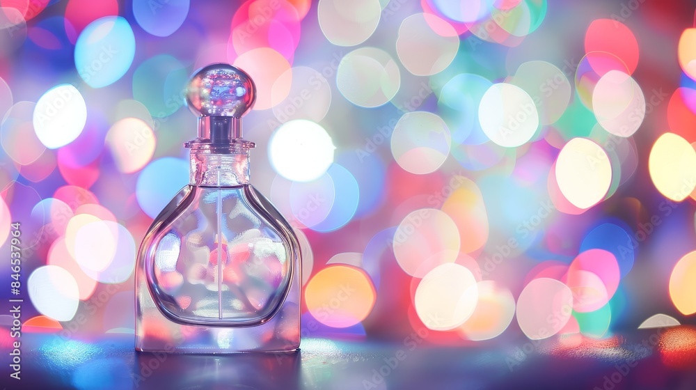 Clear glass perfume bottle with bokeh lights in the background. Colorful abstract background. Clear glass perfume bottle with bokeh lights in the background. Colorful abstract background.
