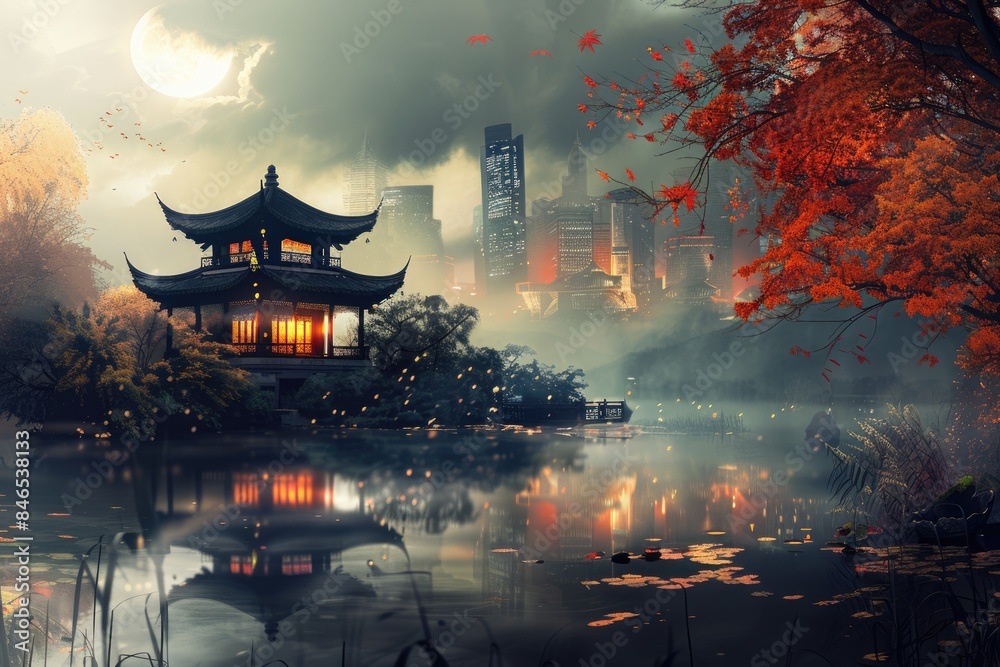 Obraz premium At night, pagodas and pavilions in the city, illustrations