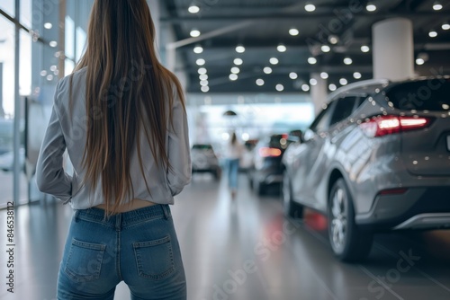 Back view of a young woman standing in a car showroom, looking towards a new vehicle with a sense of admiration and interest