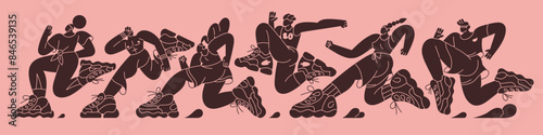 Abstract silhouettes of runners contest. Group of people in sportswear runs fast, rushing to win, victory. Shadow of athletes' crowd jogging in sports competition. Flat contour vector illustration