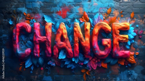 The word change is written in a colorful font on a wall