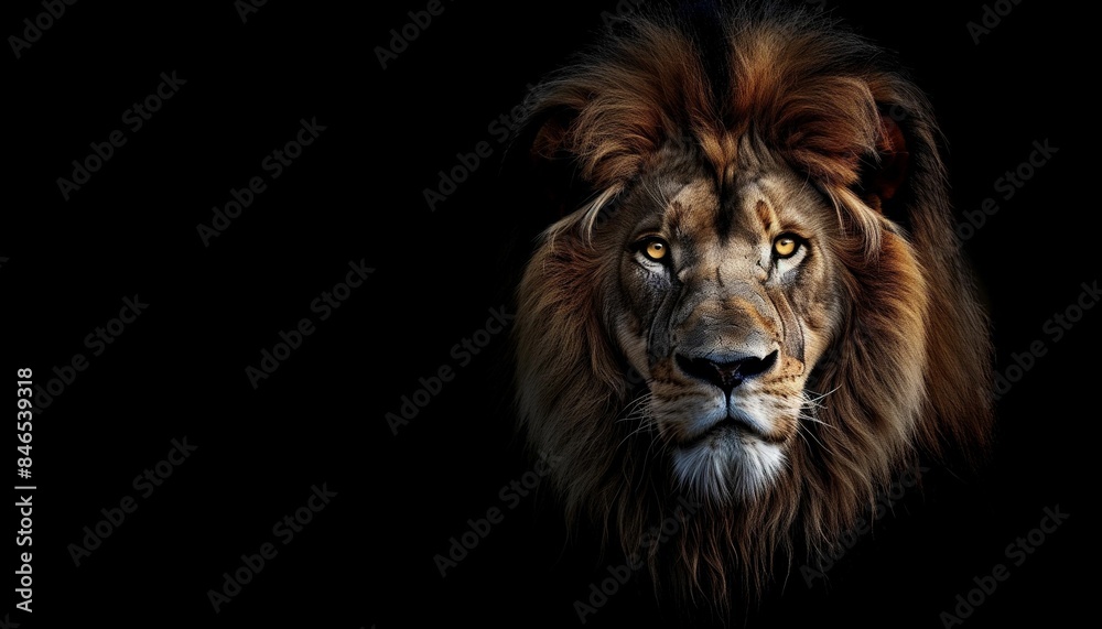 AI-generated illustration of a portrait of a majestic lion against a black background. AI-generated illustration of a portrait of a majestic lion against a black background.