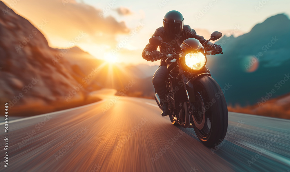 A motorcyclist in a protective red leather suit and helmet rides a sports motorcycle. A biker rides along the road against the backdrop of sunset. A motorcyclist in a protective red leather suit and helmet rides a sports motorcycle. A biker rides along the road against the backdrop of sunset.