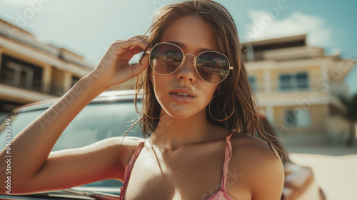 Young woman in a stylish swimsuit stands next to a classic car on a sunny day, exuding effortless summer charm and confidence © Татьяна Евдокимова