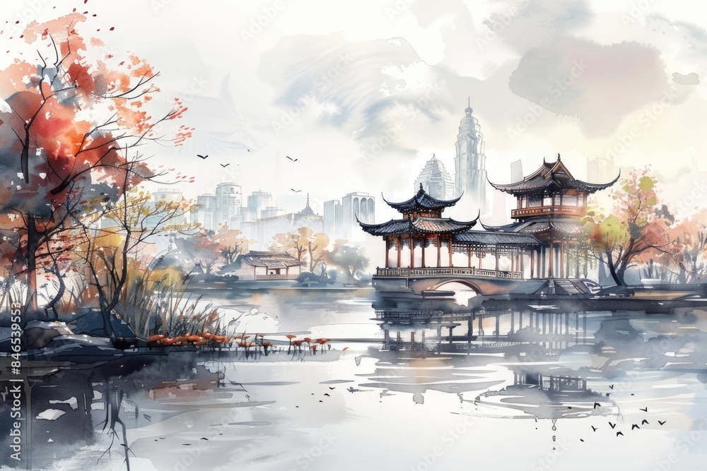 Naklejka premium At night, pagodas and pavilions in the city, illustrations