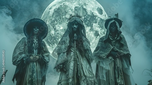 Dramatic Ensemble of Fantasy Inspired Halloween Costumes Under Eerie Moonlight