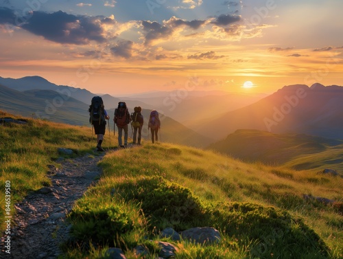 Four hikers with backpacks walk along a trail in a mountainous landscape at sunset  with golden light illuminating the scene.