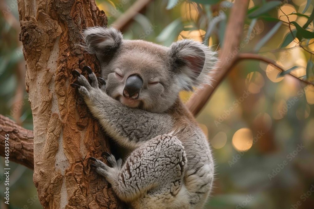 Fototapeta premium AI-generated illustration of a cute koala sleeping on a tree trunk in its natural habitat.